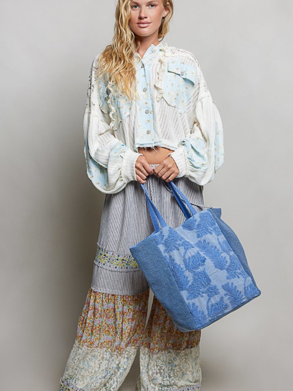 POL Denim Blue Cotton Tote Shoulder Bag Large Travel NWT